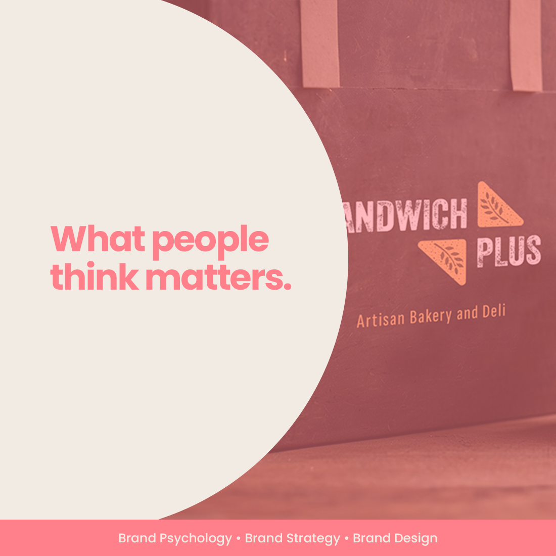 Feature image for the blog "Why Brand Perception Matters More Than Product Features", showing pink typography phrase "What people think matters." over a pink-tinted portfolio image.