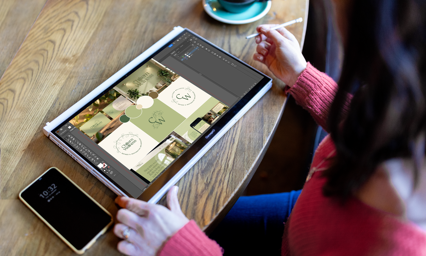 Tablet screen showing brand guidelines for wellness brand