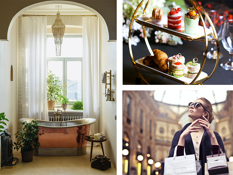 Exclusive / Luxury brand moodboard showing - a luxury bathroom with a free standing copper bath. A high end afternoon tea, and a stylish lady with designer shopping bags in a luxurious shopping mall