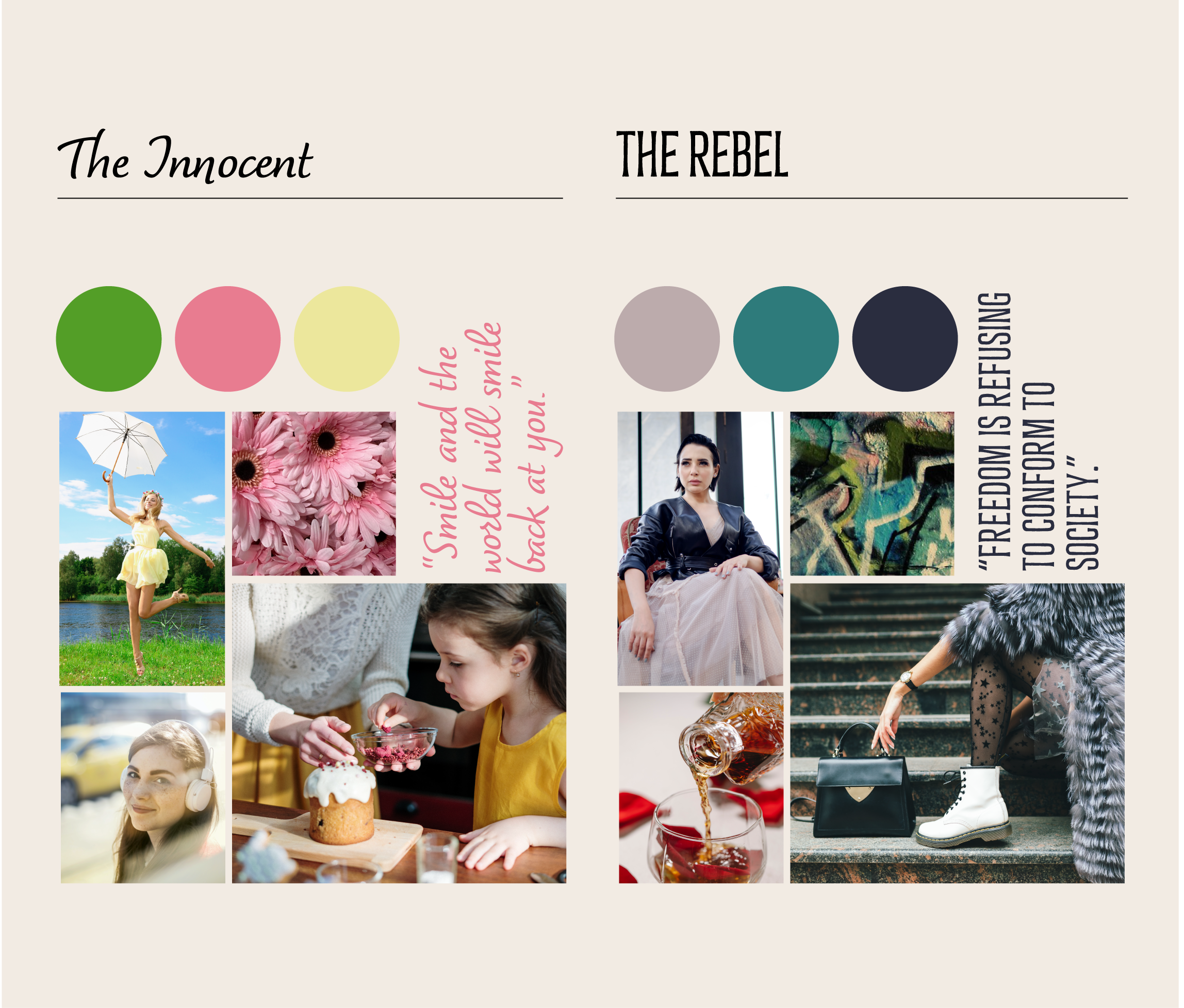 Two brand moodboards showing the rebel and the innocent archetypes