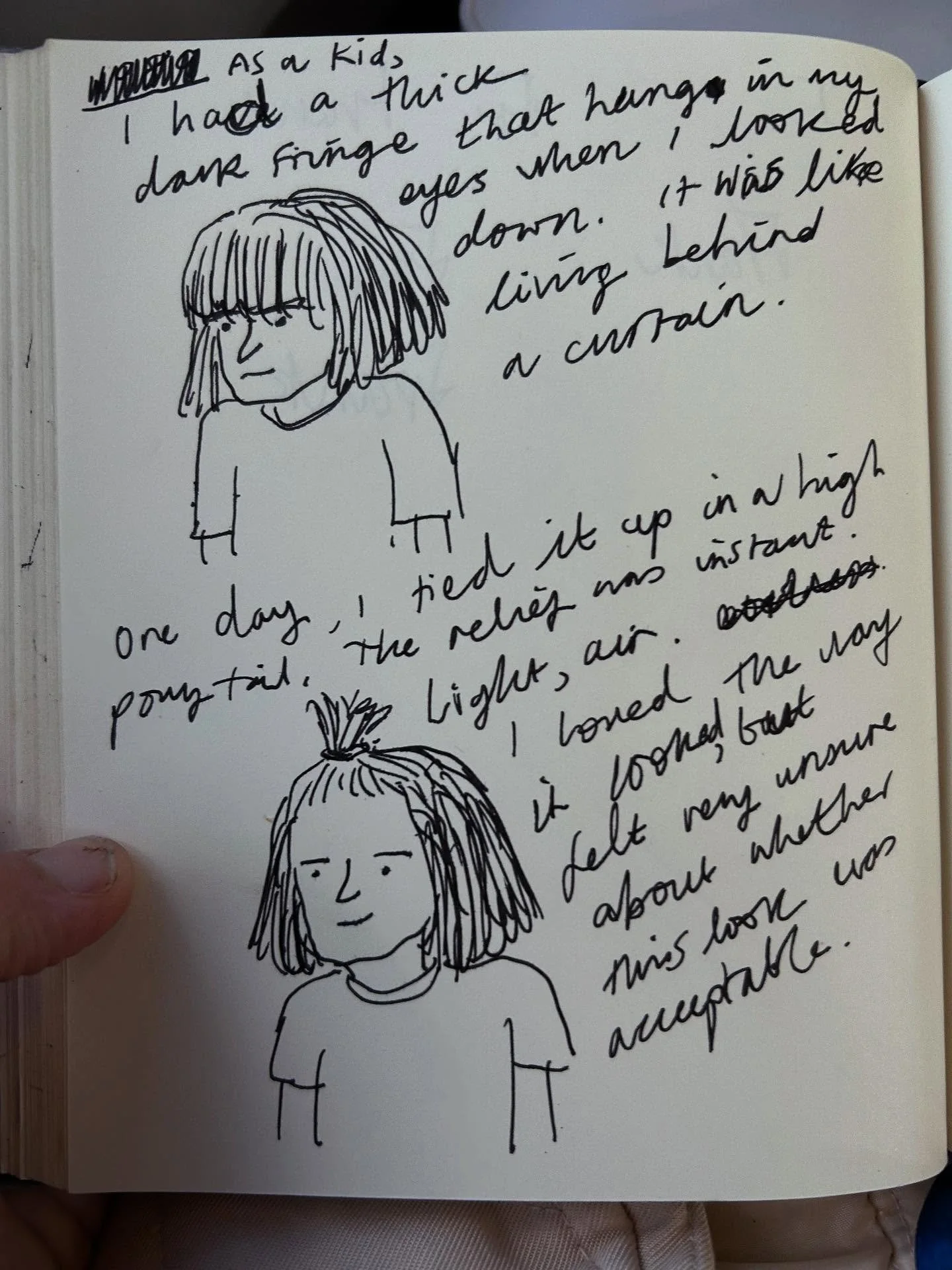 Sketchbook comic about a long-ago hairstyle I still think about. The memory came to me on the train today when I tied up my hair, and I thought about the memories we hold on to. For some reason, this specific failed hairstyle attempt from decades ago