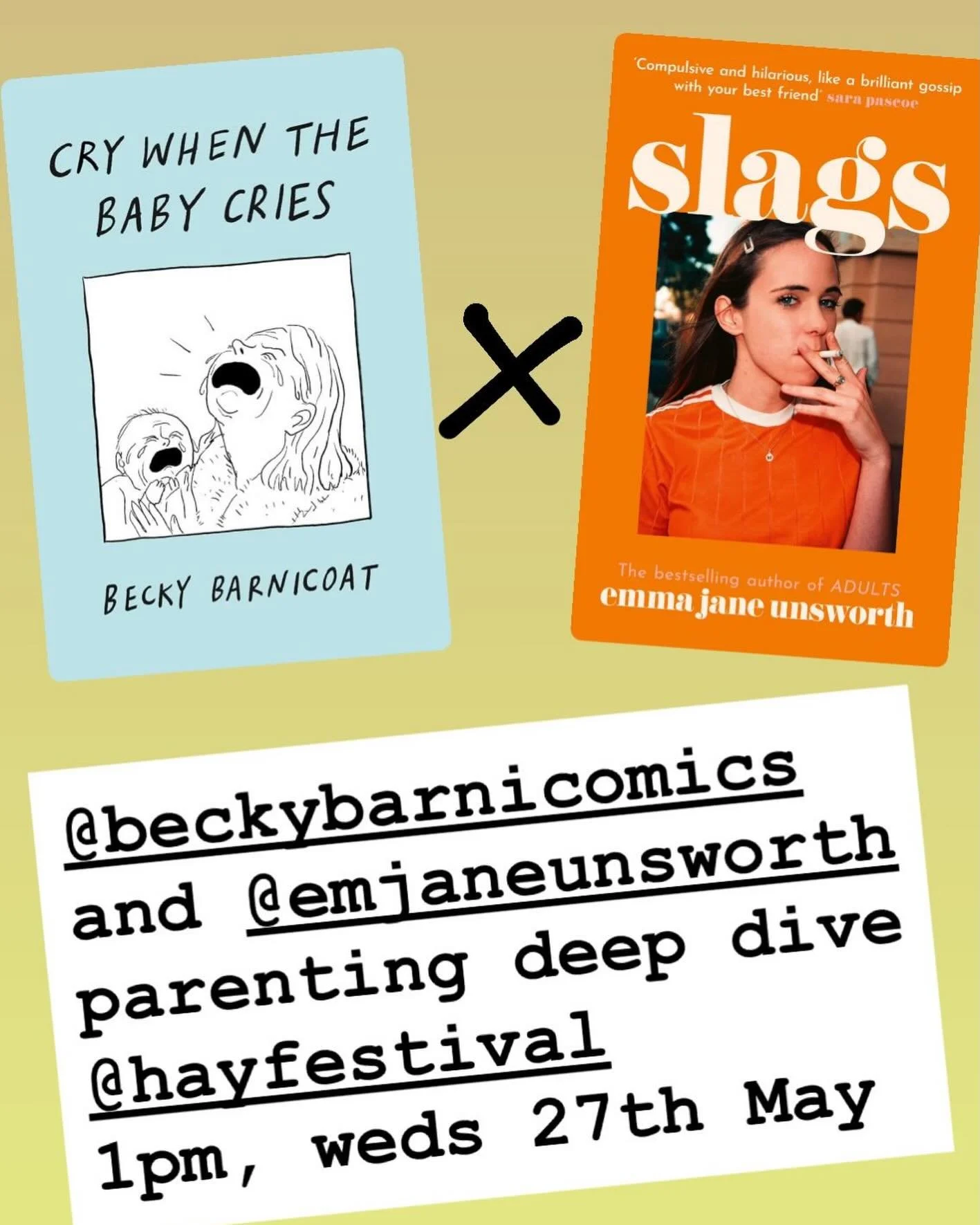 I&rsquo;ll be chatting about the messy business of raising humans with the brilliant @emjaneunsworth at the @hayfestival on Wednesday at 1pm &mdash; come along if you&rsquo;re about!