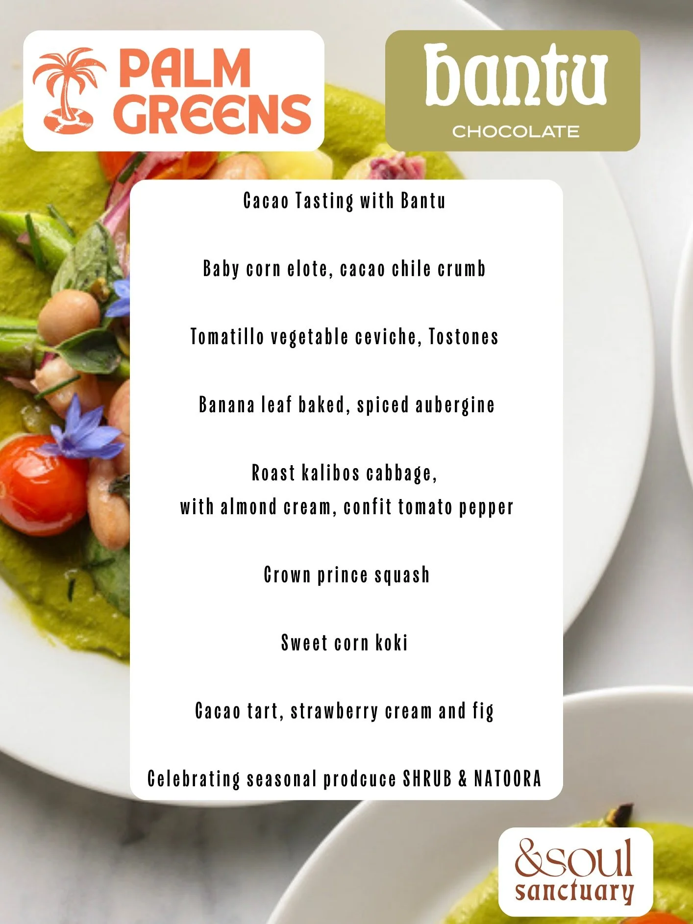 SUPPER CLUB @palmgreens x @bantuchocolate 
.. this Saturday 🌴🍽️

New Moon Dinner, a late summer feast by @kalicooking inspired by the Cameroonian volcanic soils where Bantu&rsquo;s cacao is grown.

Discover what makes Bantu Chocolate different &mda