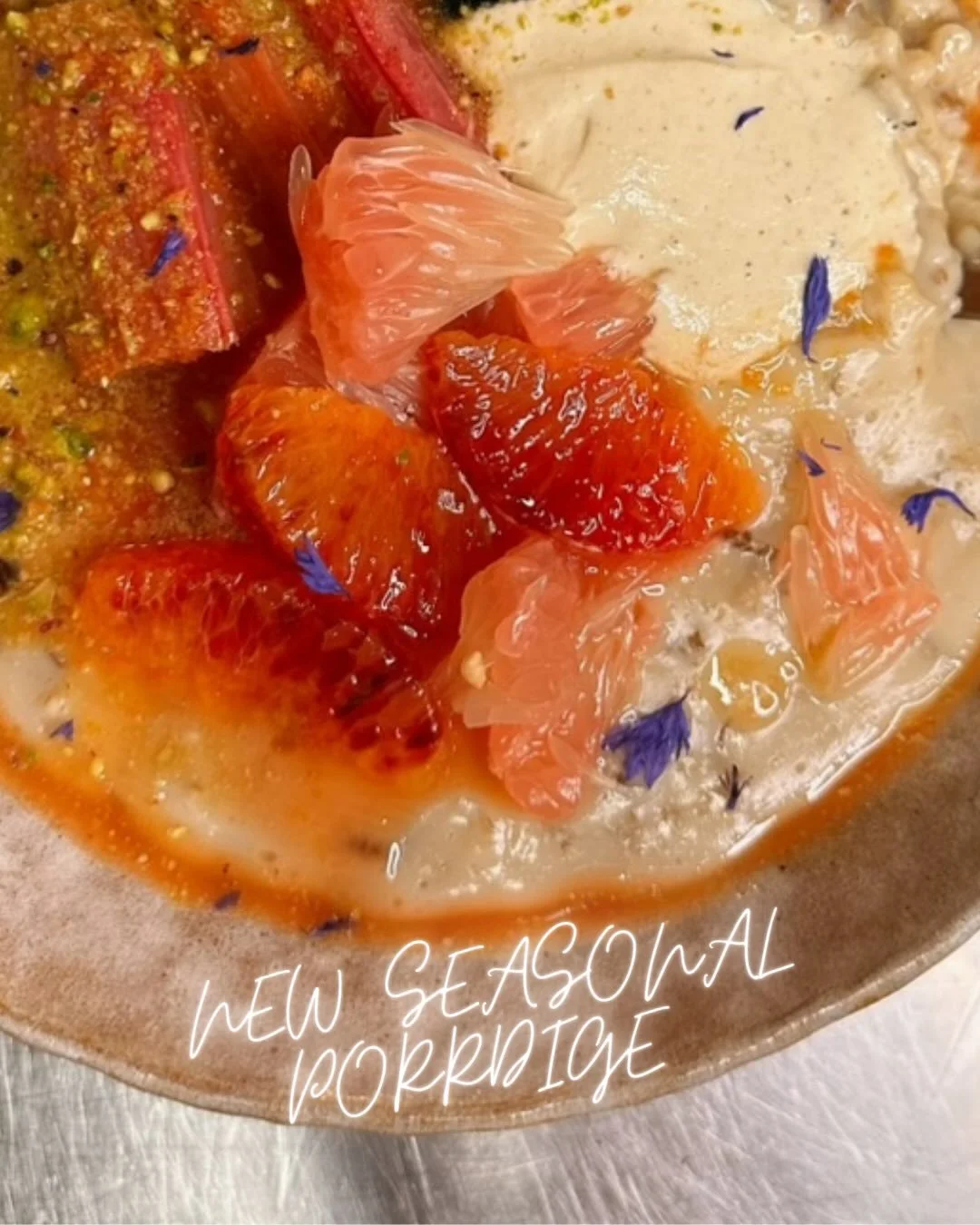 RHUBARB &amp; CITRUS PORRIDGE @palmgreens 

Forced rhubarb, poached in fresh orange juice and maple. 
Seasonal citrus, black sesame, fennel cream &amp; pistachio 🔥

Worth facing the grey &amp; cold to come &amp; try it!