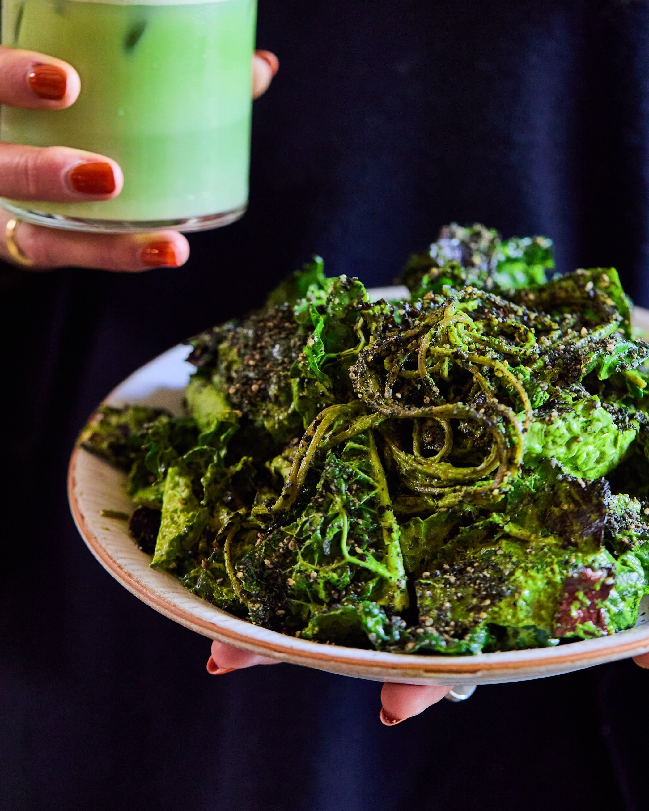 Having a green filled week with @palmgreens 

Green Goddess and a matcha. The weathers cooled and we&rsquo;re loving this combo.

Deeply savoury, umami hit ~  black rice noodles, drenched in our in house Green Goddess dressing, studded with mirin roa