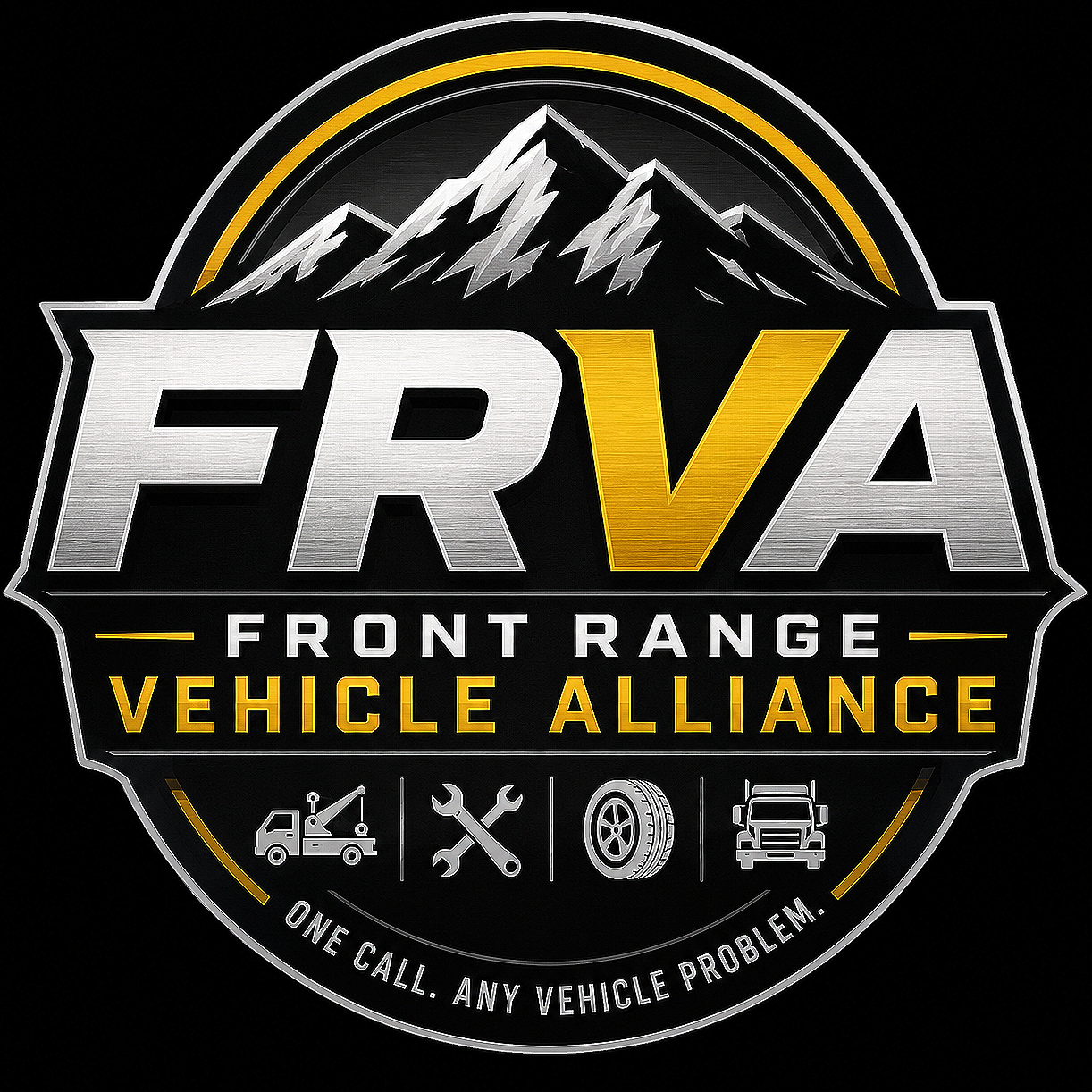 Logo for Front Range Vehicle Alliance with mountains, text, and icons of a tow truck, wrench, tire, and vehicle, on a black background.