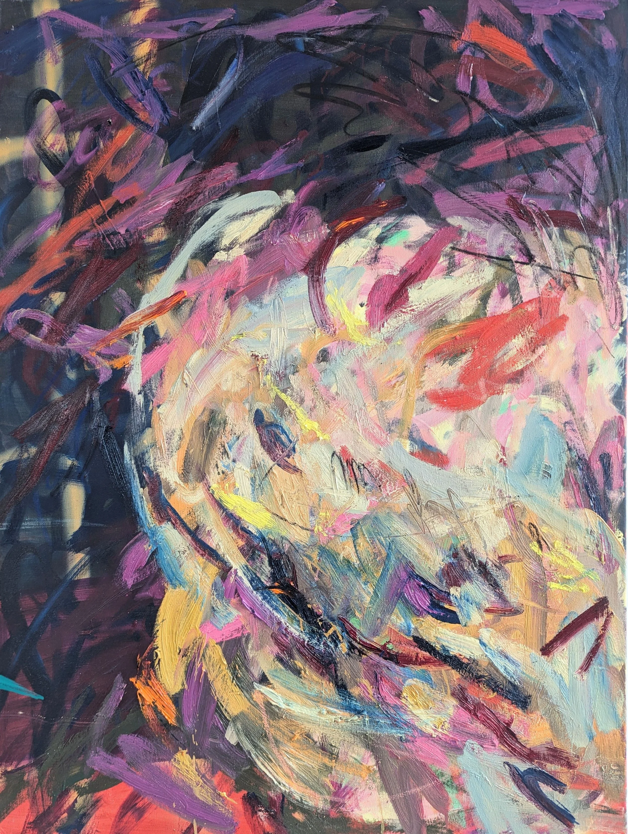 Untitled (evening light), Oil, oil pastel, acrylic, charcoal and spray paint on canvas, 102x76 cm, 2025