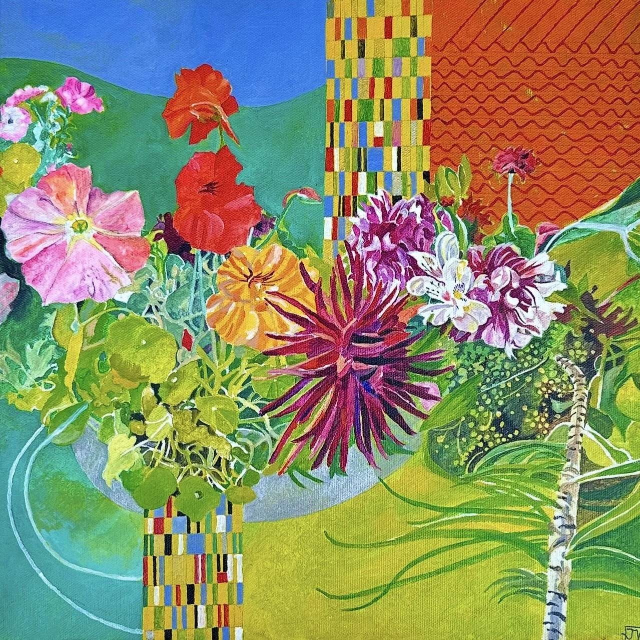 Petunia & Dahlia- (36cm x 36cm) - Oil on Canvas - £1000