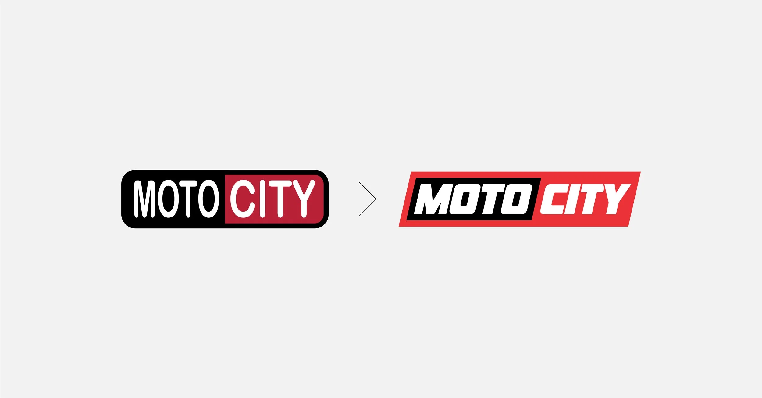 Una comparación de logotipos que muestra la evolución de un diseño que dice 'MOTO CITY', con un logotipo original enmarcado en negro y rojo y un logotipo modificado con letras en negrita y un fondo y borde rojo.