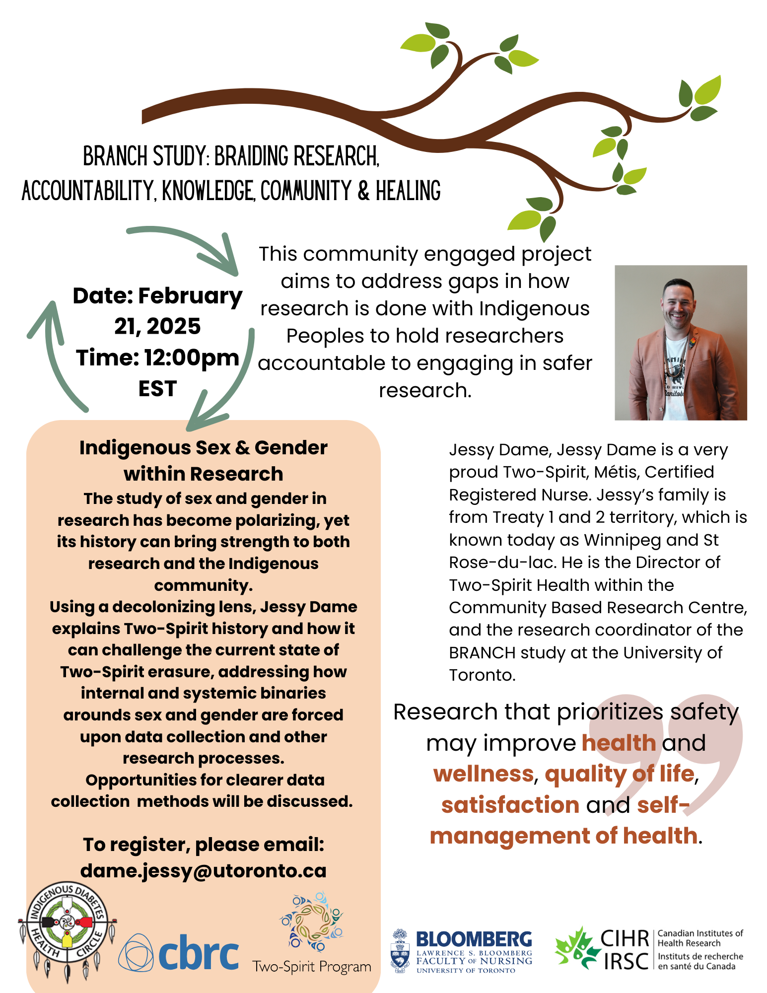 Flyer for a research project on Indigenous Sex & Gender within Research, scheduled for February 21, 2025, at 12:00 pm EST, featuring a photo of Jessy Dame, a certified nurse and Two-Spirit advocate, along with logos of participating organizations including Indigenous Diabetes Health Circle, CBRC, Bloomberg University of Toronto, and CIHR IRSC.