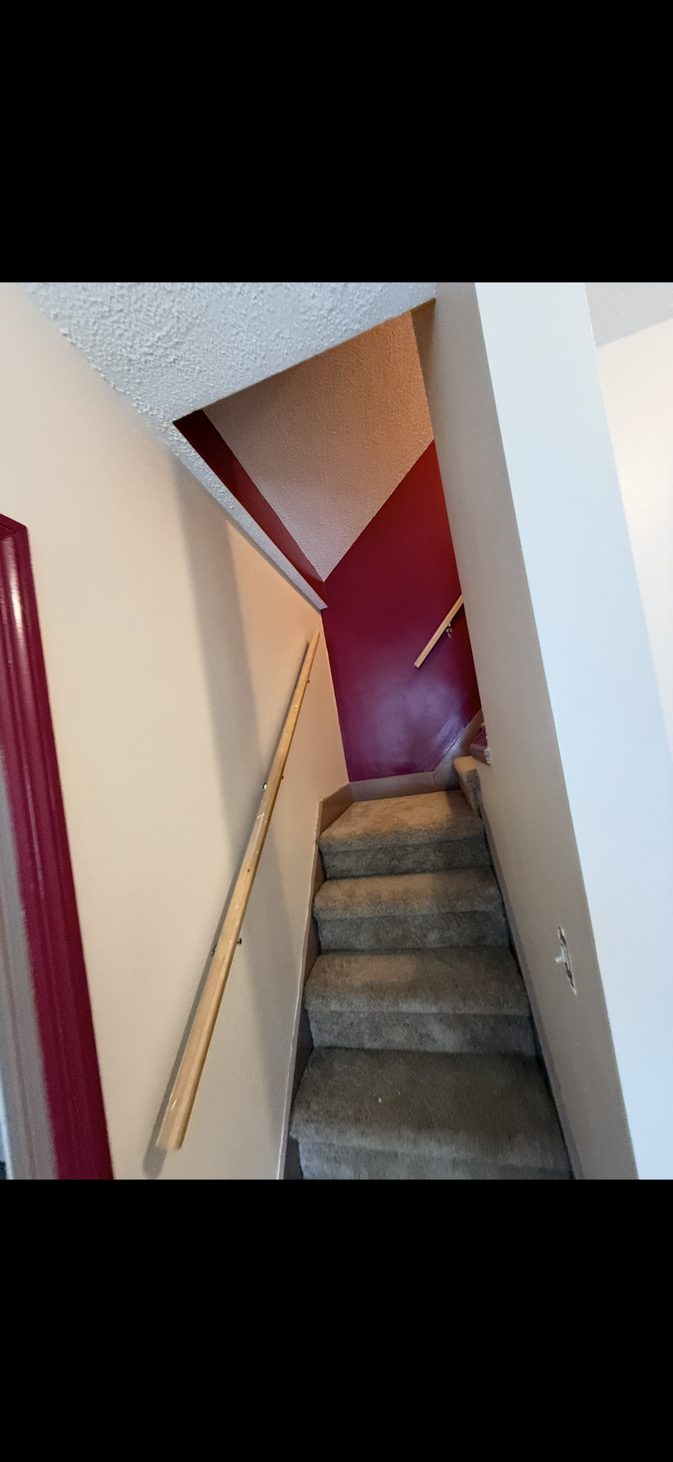 Indoor staircase with carpeted steps, wooden handrail on the left, and home walls painted beige and maroon.