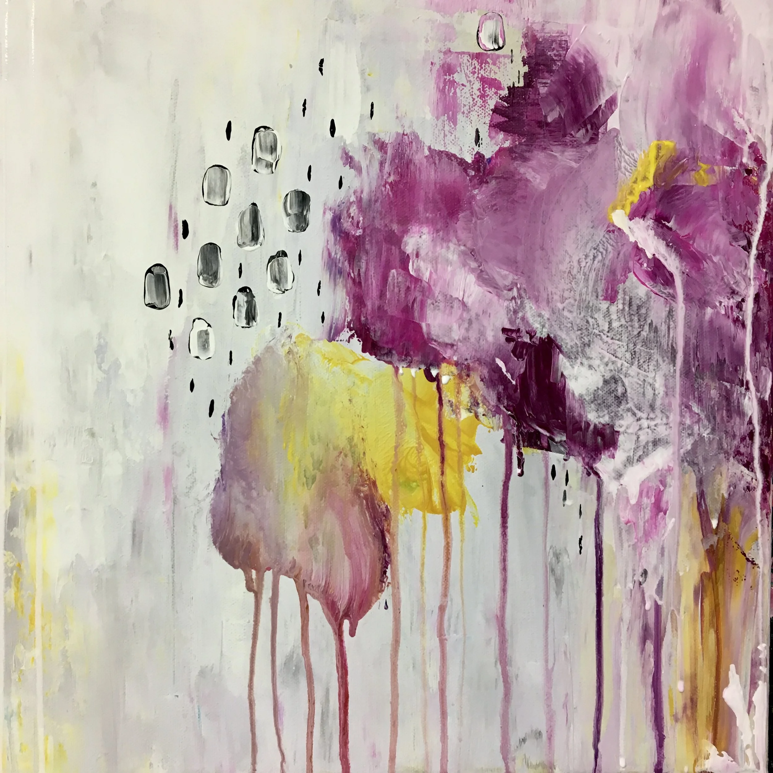 Buntes abstraktes Gemälde in Pink, Gelb und Weiß