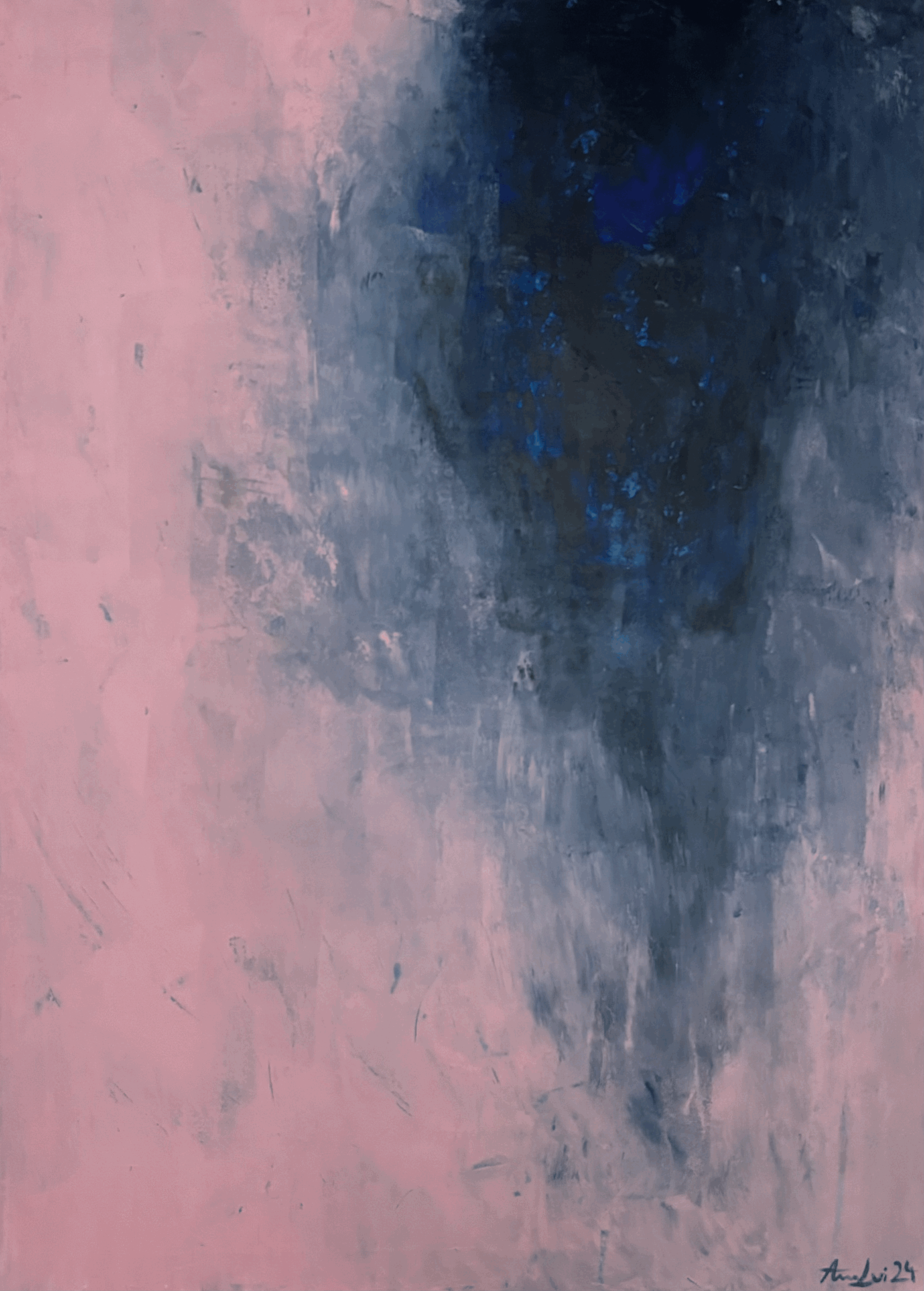 Gespachteltes Bild in Blau- und Rosatönen