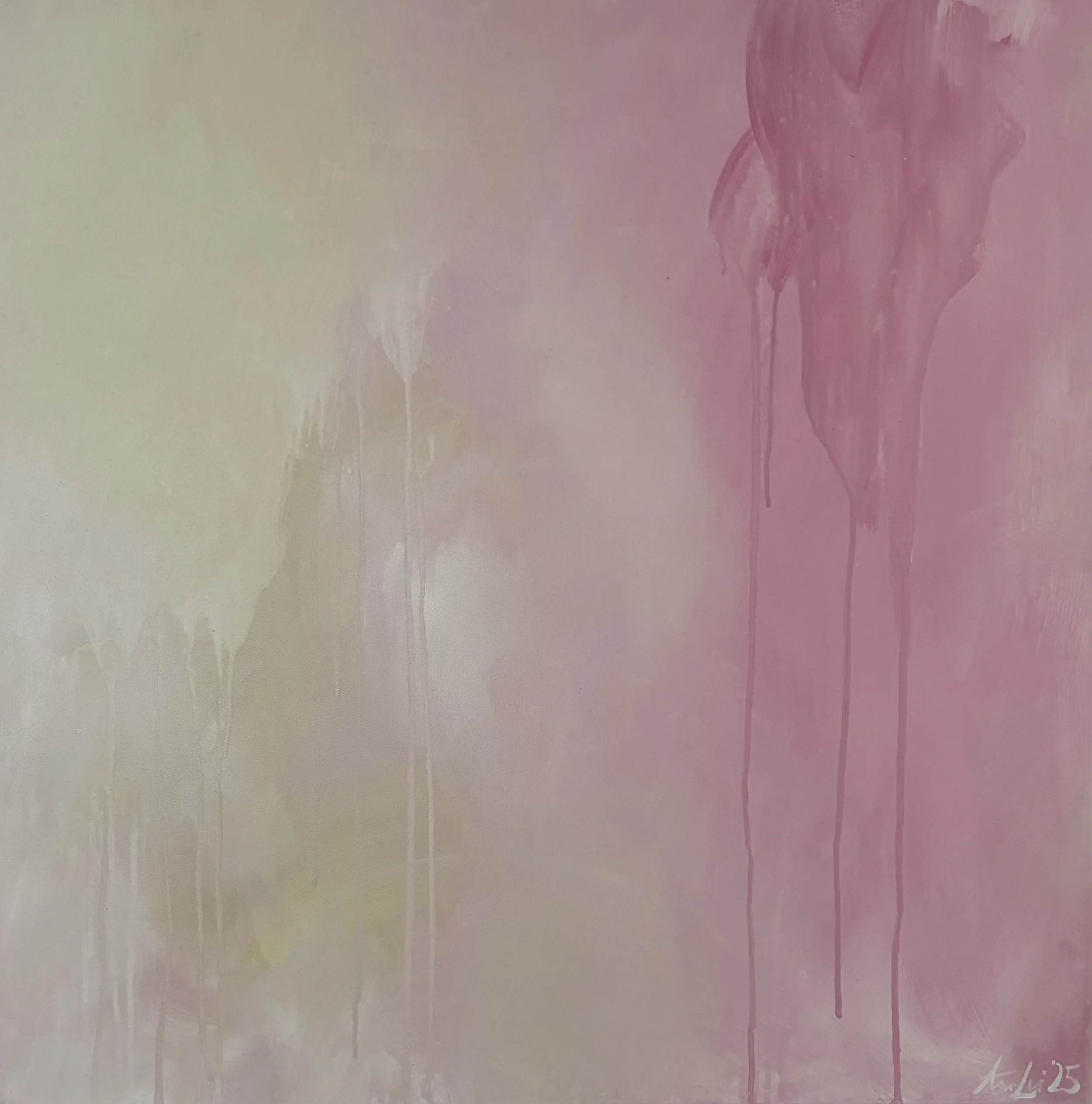 Abstraktes Bild in Rosa und zartem Hellgrün mit wässerigem Verlauf