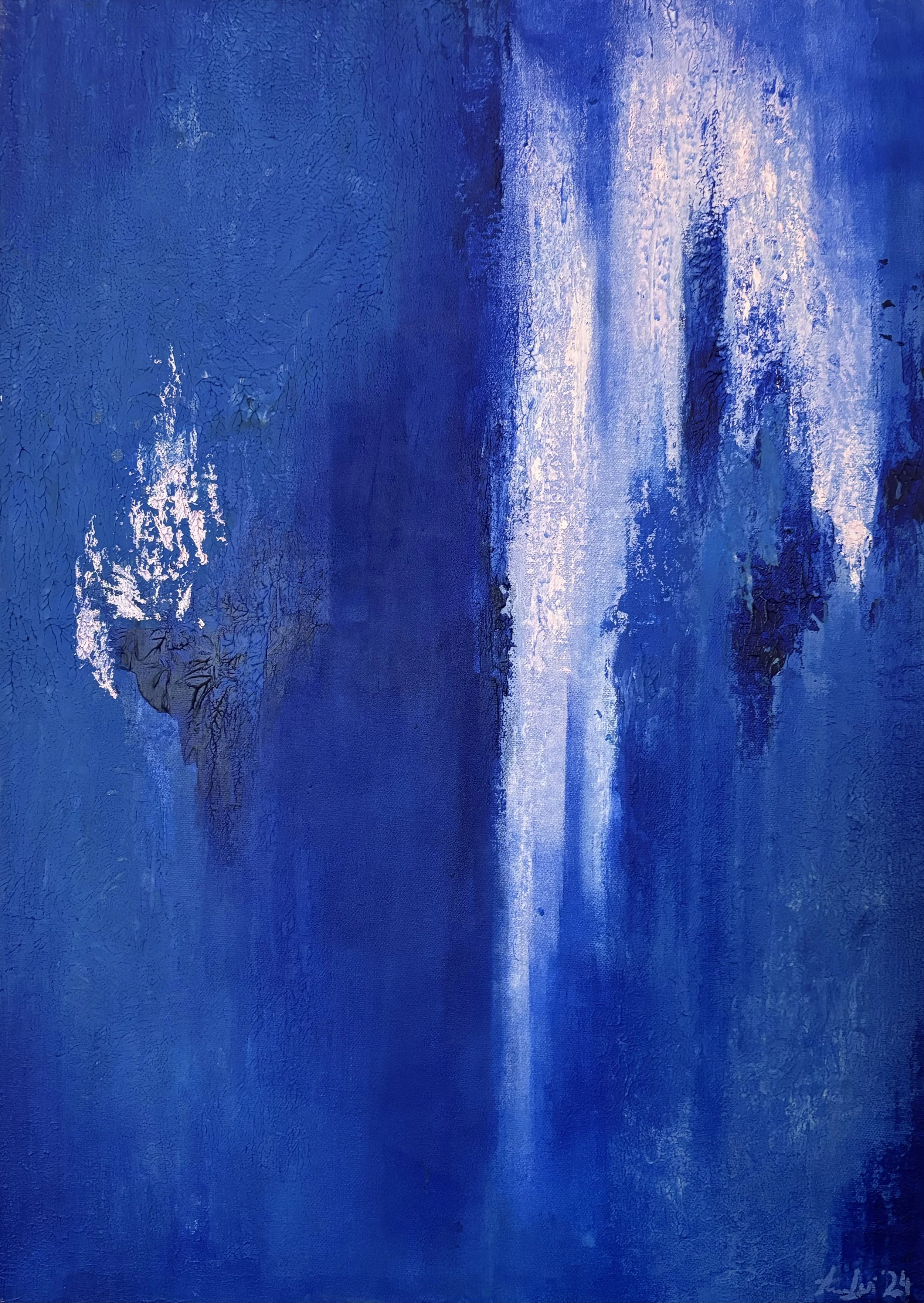 Blaues abstraktes Bild mit Struktur und Hellrosa Details