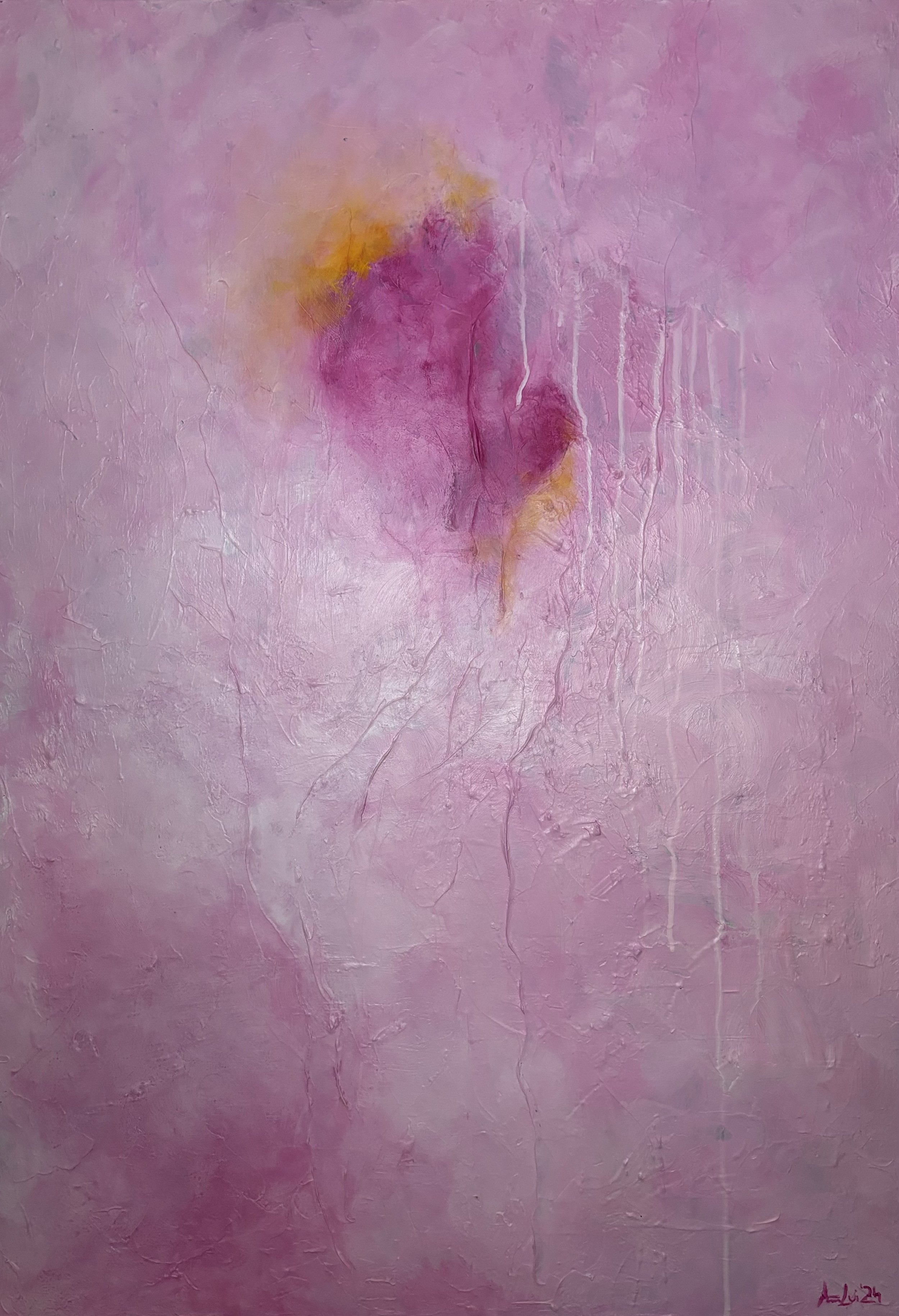 Abstraktes Bild in zarten Rosatönen mit gelben Akzenten