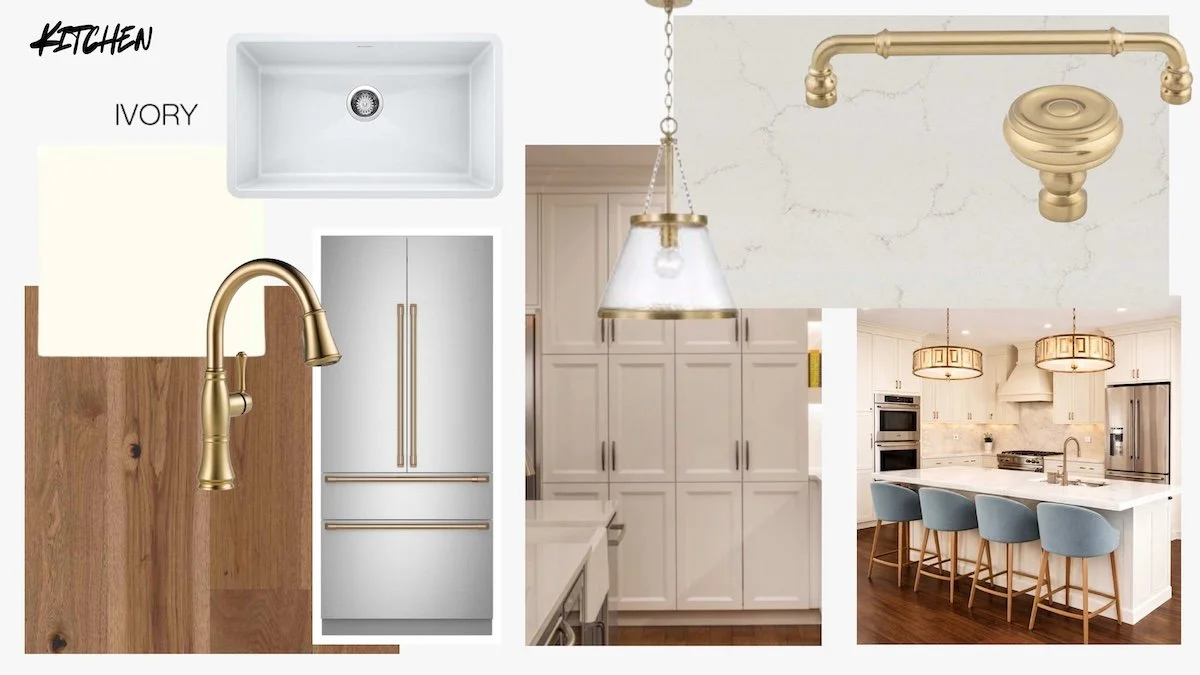 Kitchen design mood board with ivory cabinetry, white sink, gold fixtures, and wood and marble accents.