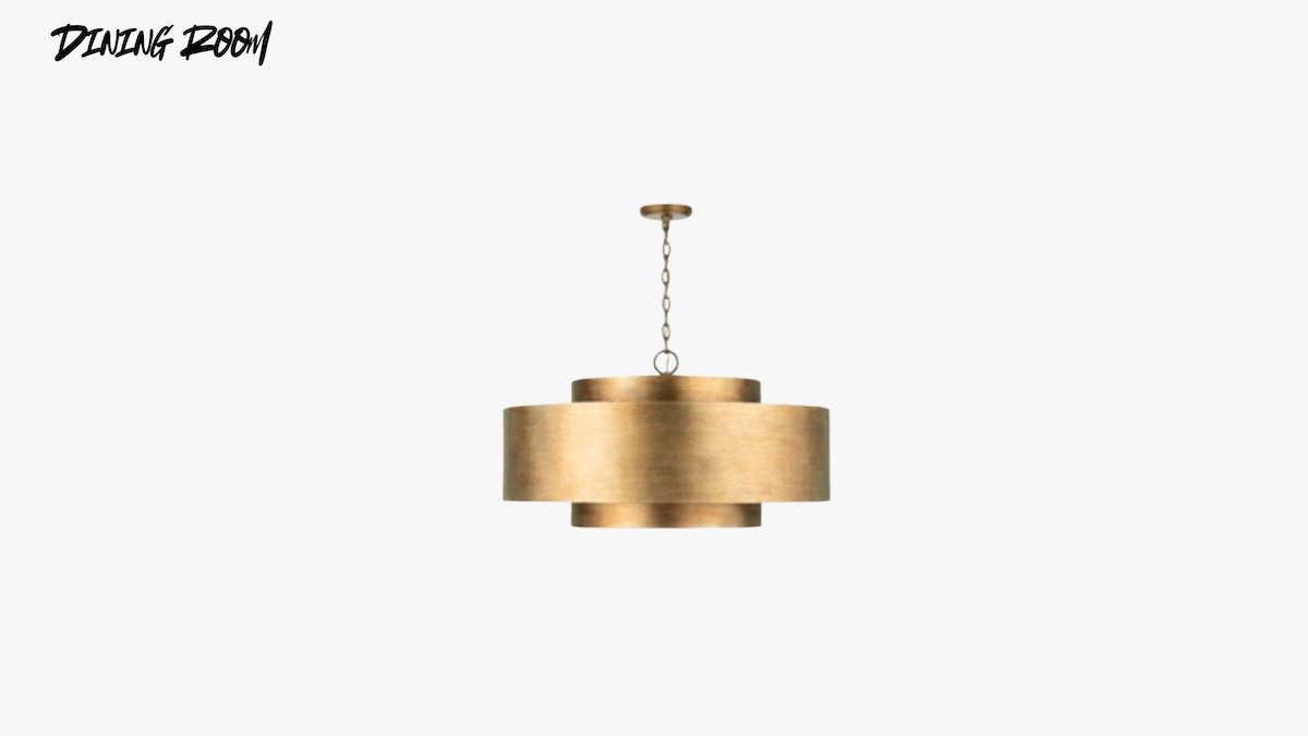 A gold-colored modern chandelier hanging from the ceiling in a dining room.