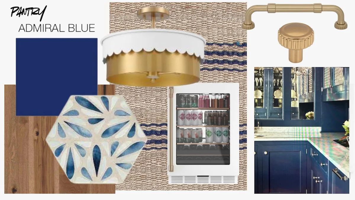 Collage of interior design elements with navy blue accents, including a navy blue kitchen corner with glossy cabinets, a gold and white ceiling light fixture, a blue color sample labeled 'Admiral Blue,' a white mini fridge with beverages, a gold show