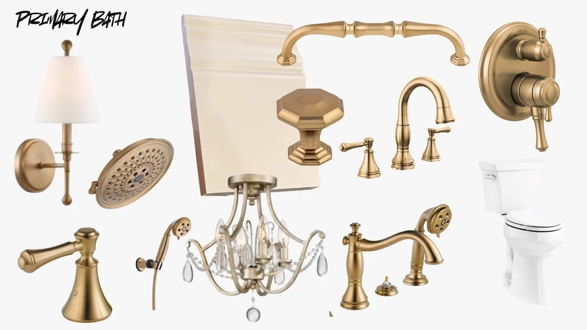 Collection of gold bathroom fixtures and accessories including a wall sconce, shower head, various faucets, a chandelier, a soap dish, a mirror, and a toilet.