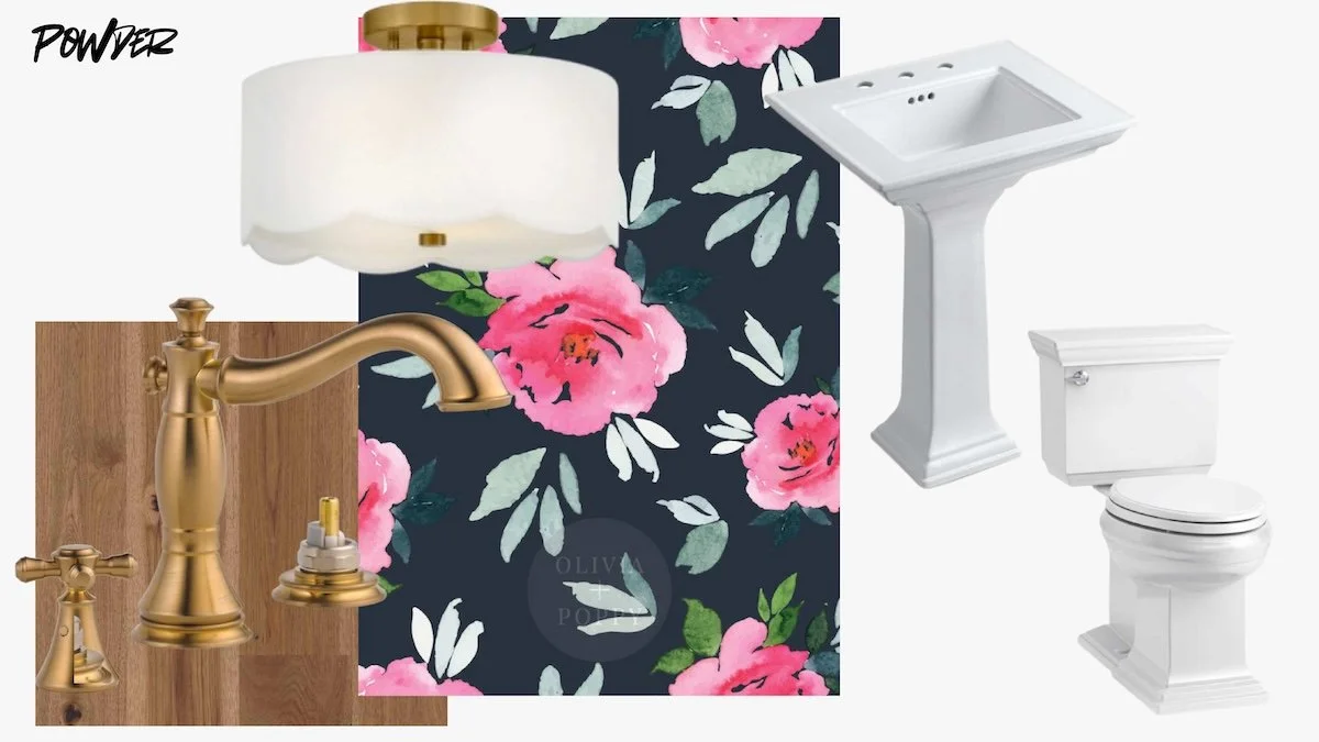 Bathroom fixtures including a gold faucet and handles, a white sink, and a white toilet, with a dark floral wallpaper background.