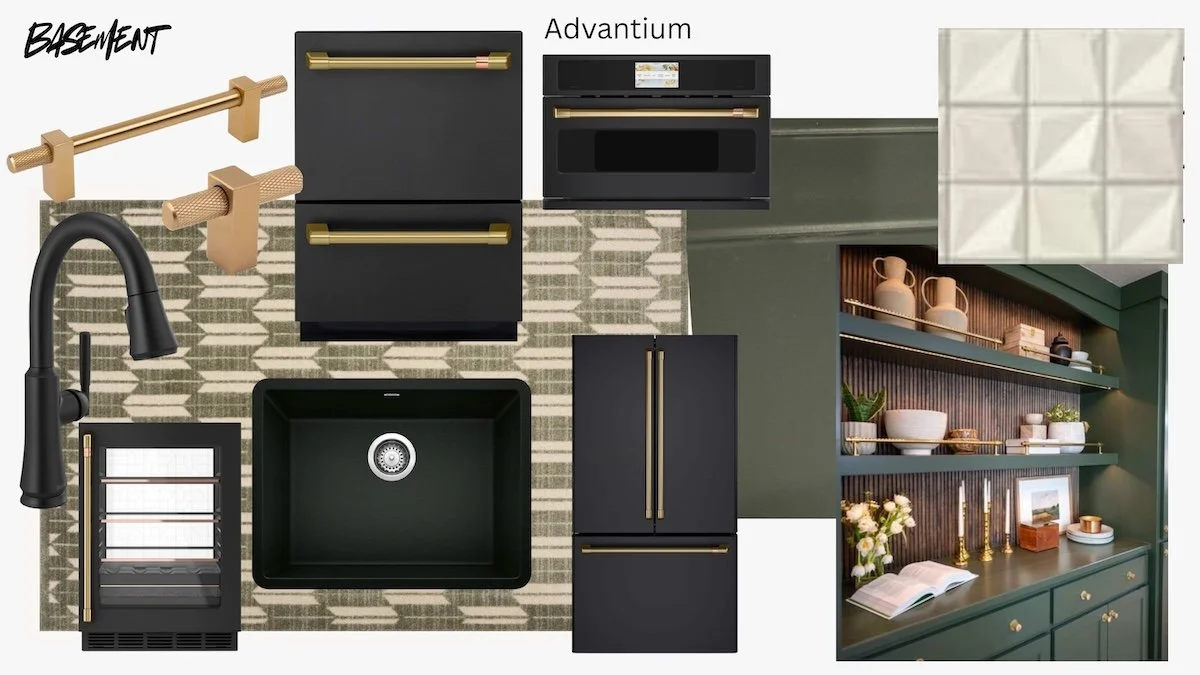 Top view of kitchen with dark cabinetry, black sink, gold hardware, wall shelves with dishes, a white geometric cabinet, and a bronze faucet.