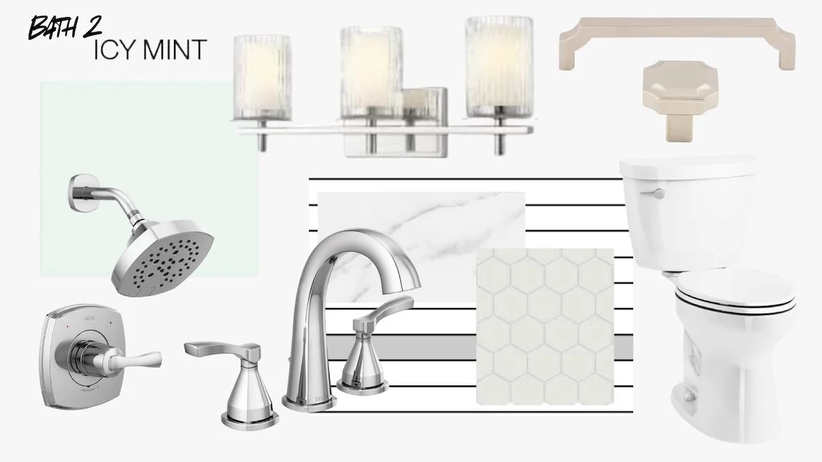 Collection of bathroom fixtures and accessories including a showerhead, faucet, toilet, toilet handle, bathroom light fixture, and various tile samples.