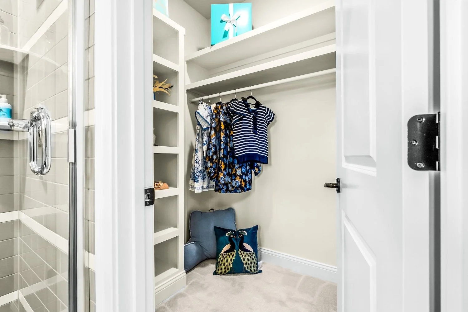 Inside a small closet with clothing hanging on a rod, a blue gift box with a white bow on top, and decorative pillows on the floor.