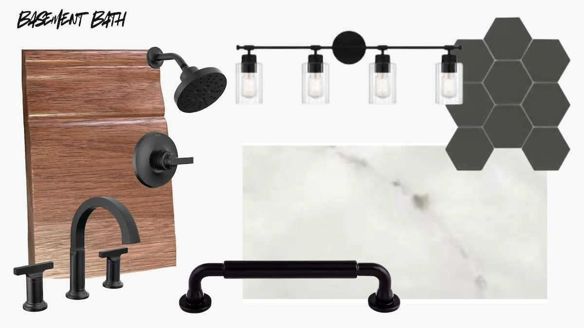A collection of bathroom fixtures and decor, including a black showerhead, a black faucet with handles, a wood-backed mirror, a black handrail, hexagonal wall tiles, and a large marble slab, arranged for a basement bath design idea.