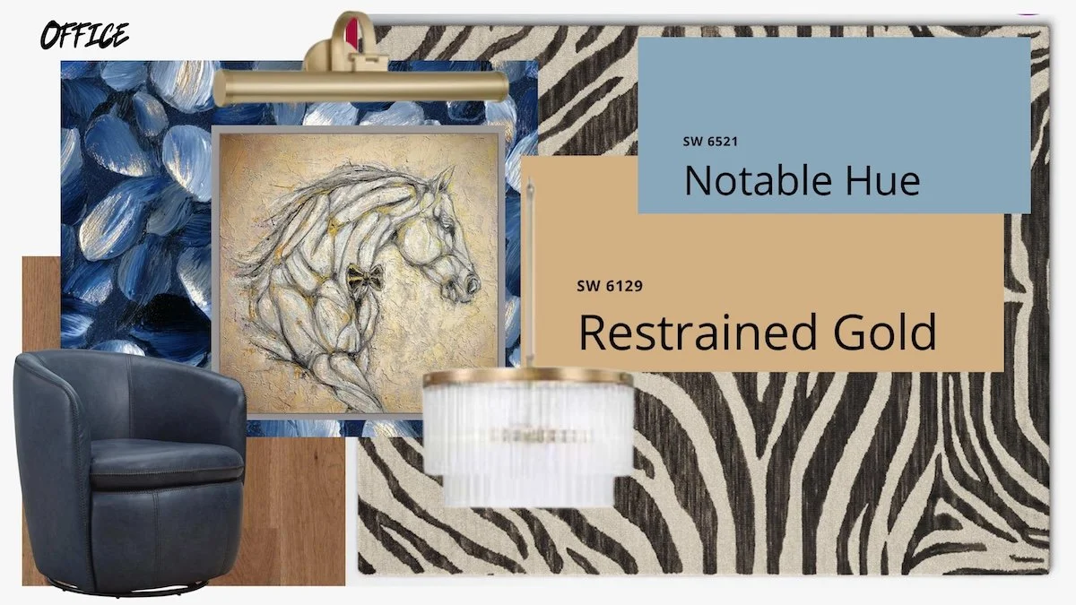 An interior design mood board with paint swatches named 'Notable Hue' and 'Restrainted Gold', a framed sketch of a horse, an abstract blue and silver painting, a black leather armchair, and a white lampshade against a zebra stripe background.