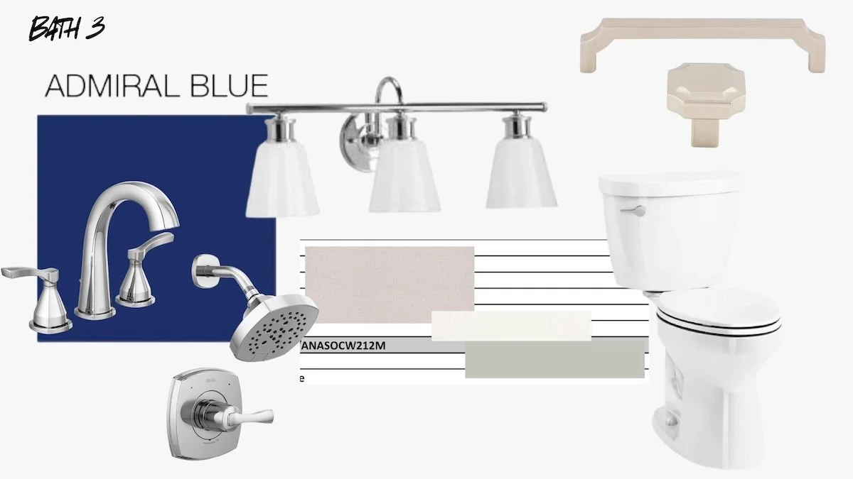 Bathroom fixtures including a faucet, showerhead, and light fixture, with a toilet and color swatches for interior design.