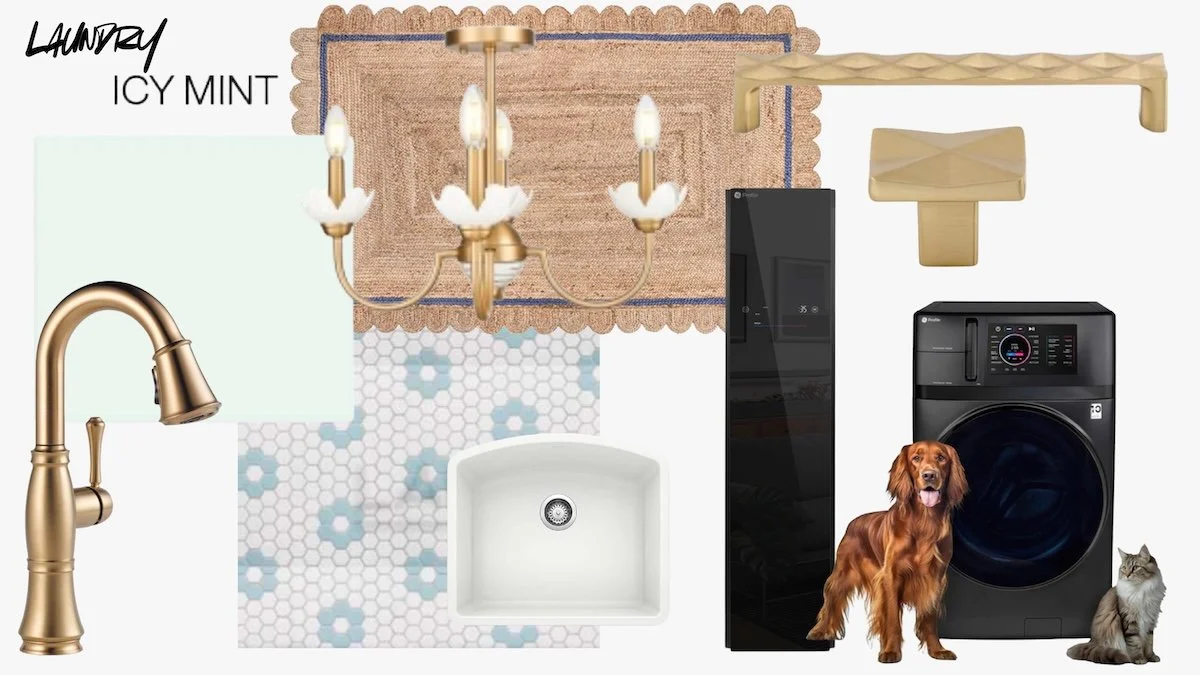 Collage of laundry room items including a gold faucet, chandelier, rug, tile floor, laundry sink, cabinet, small table, washing machine, a dog, and a cat.