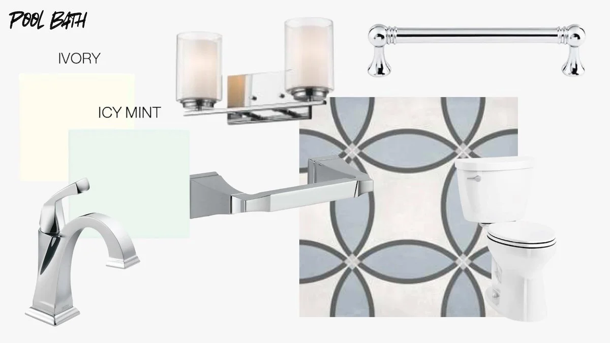 Color palette with ivory, icy mint, and tile pattern with gray and white tones, along with bathroom fixtures including a faucet, lighting, towel rail, and a toilet.
