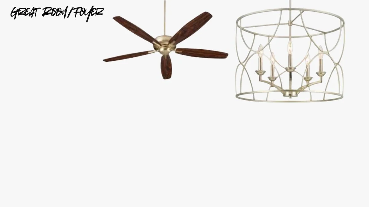 Ceiling fan with dark wooden blades and a chandelier with multiple candle-style lights in a metal frame.