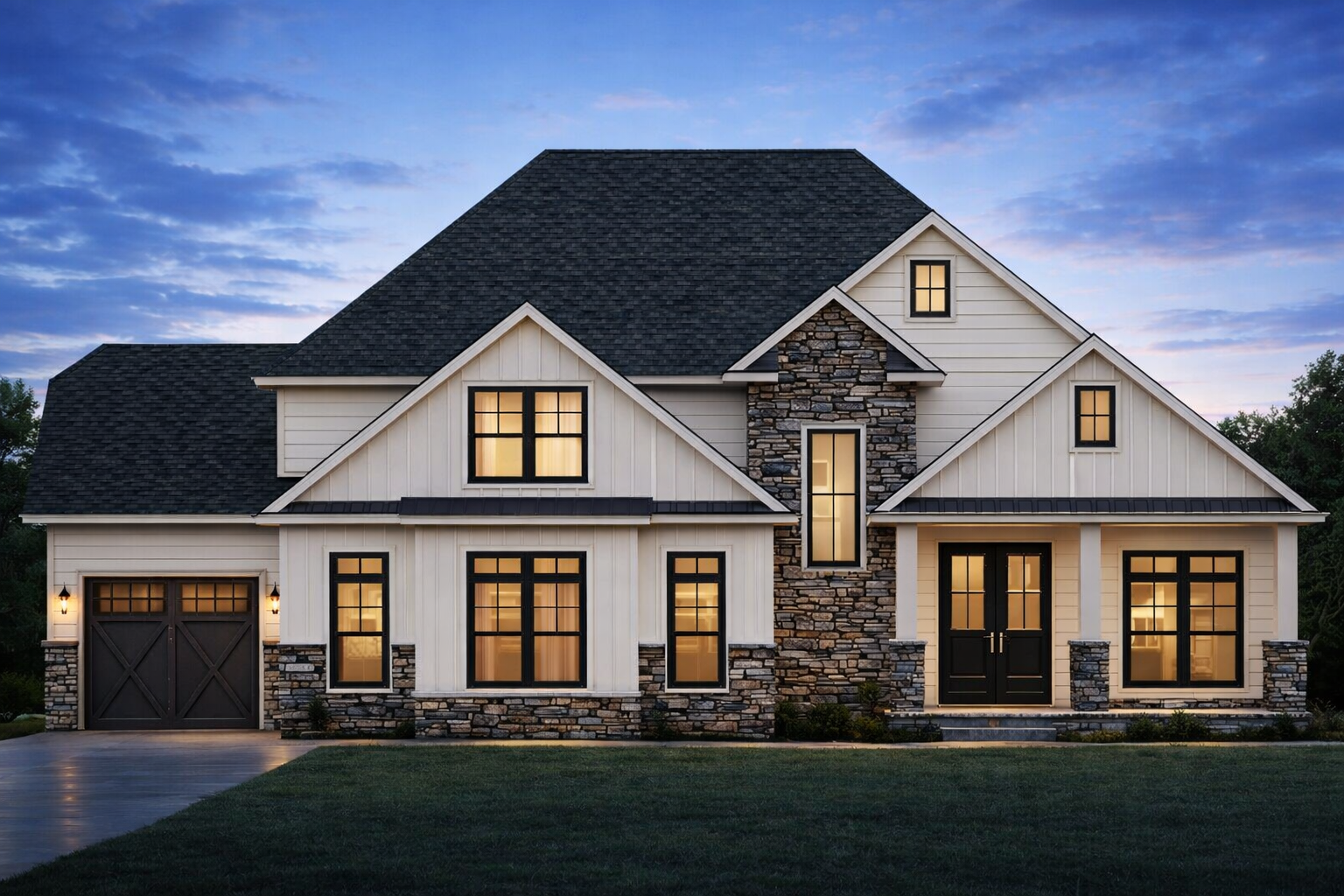 Modern two-story house with white siding, black-trimmed windows, a stone accent wall, and a black garage door, illuminated at dusk.