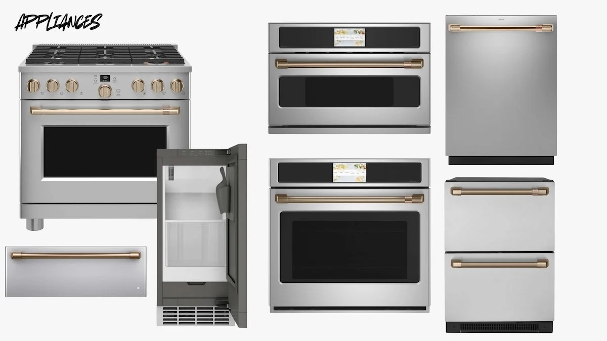 Collection of modern stainless steel kitchen appliances, including two ovens, a stove, a refrigerator, two drawers, a microwave, and a small dishwasher, all with bronze handles.