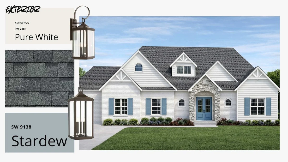 Design of a two-story house with a white exterior, blue shutters, stone accents around the front door, a gable roof, and a well-maintained lawn, with exterior light fixtures and sample paint colors labeled 'Pure White' and 'Stardew'.