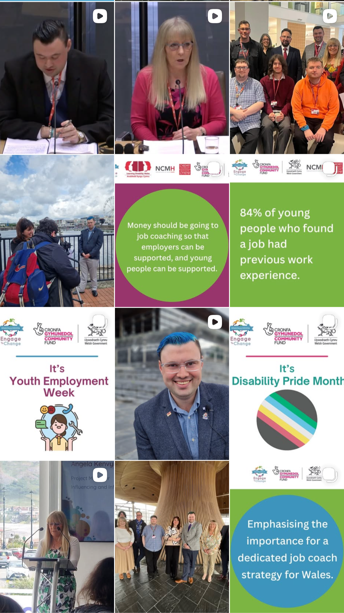 Collage of nine images including people at a conference, group photos, and informational graphics promoting youth employment, disability pride, and job coaching in Wales.