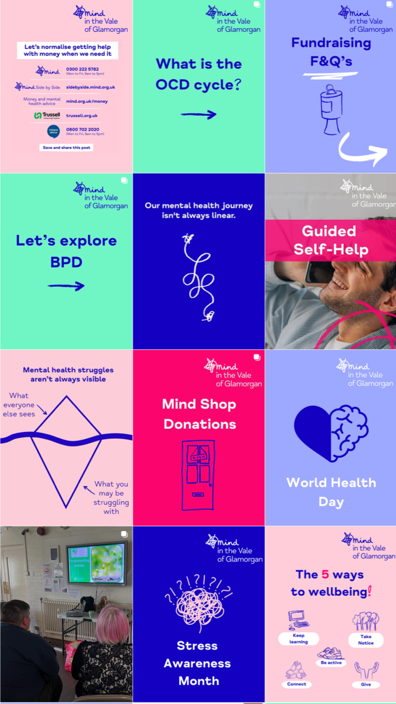 A collage of nine digital and photographic images promoting mental health awareness and resources, including information about OCD, BPD, World Health Day, and stress, with illustrations, text, and a photo of people attending a lecture.