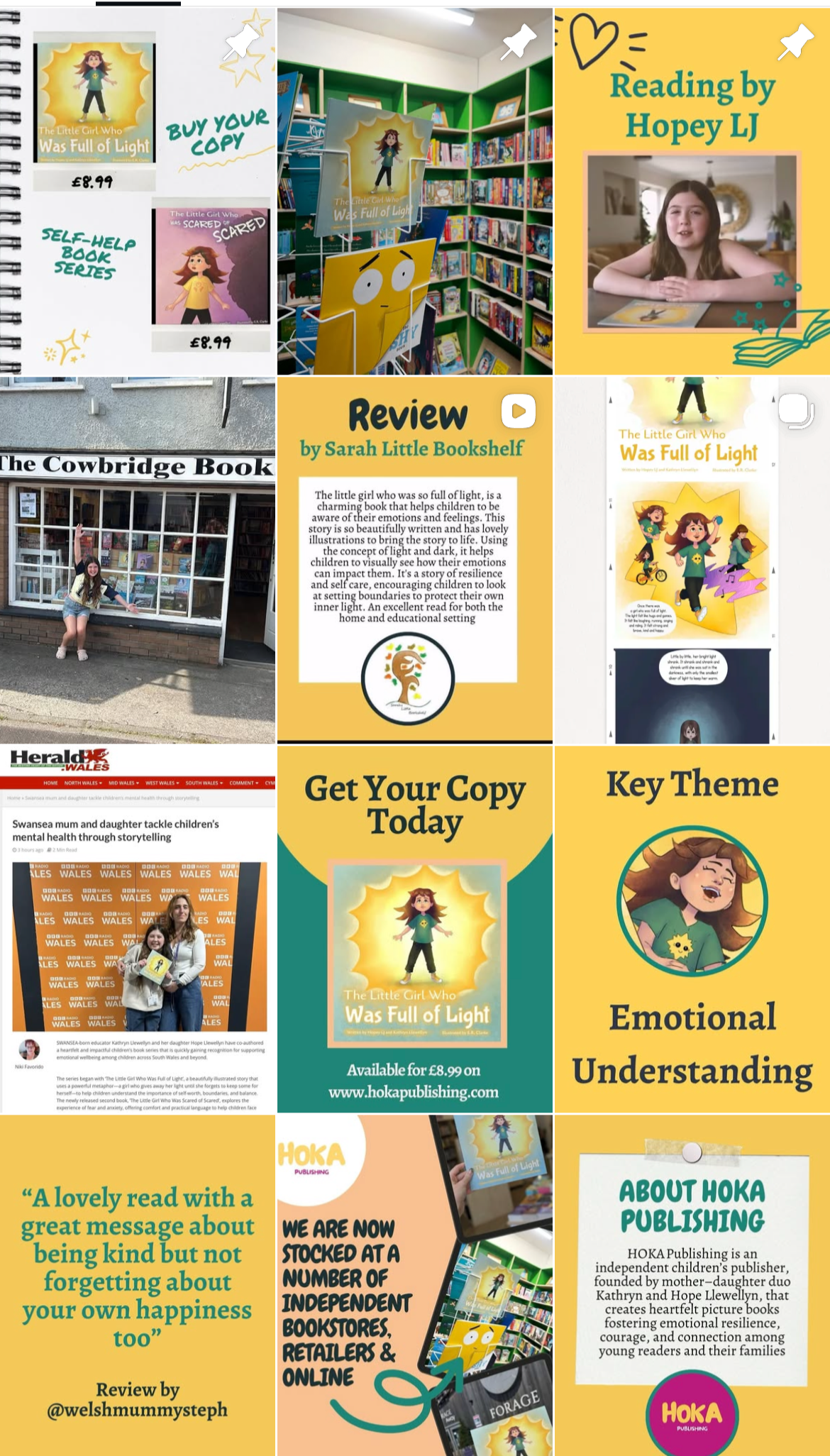 A collage of images promoting the children's book 'The Little Girl Who Was Full of Light.' It features book covers, a girl at a bookstore, a reading video by Hopey LJ, a review, a quote about kindness, an announcement of book availability, and an about section for HOKA Publishing.
