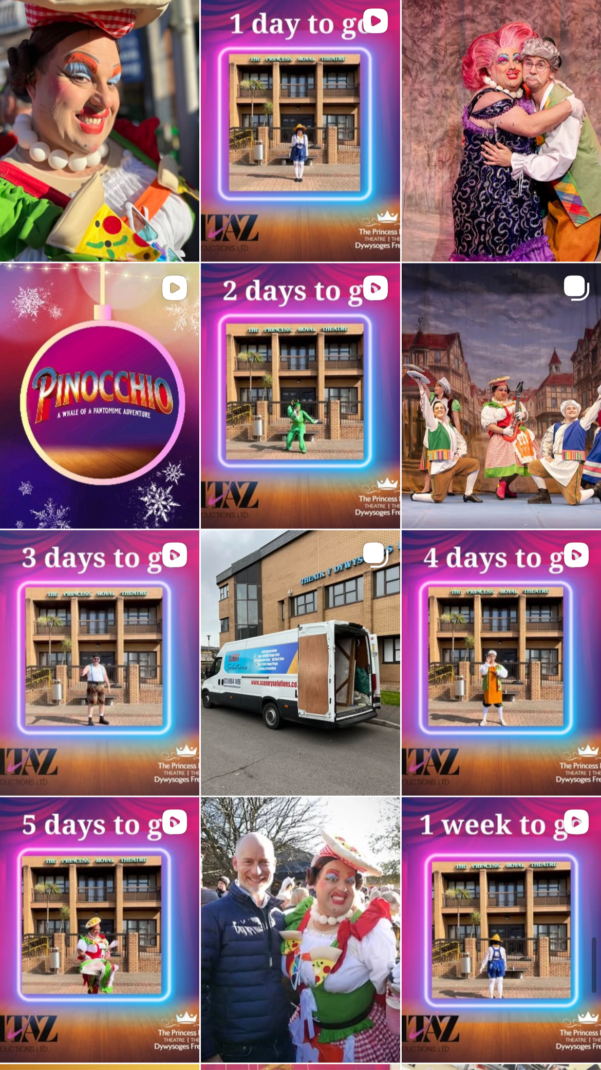 A collage of photos celebrating the countdown to a theater show, with images of performers in colorful costumes, a theater building, a delivery truck, and people attending or preparing for the event.