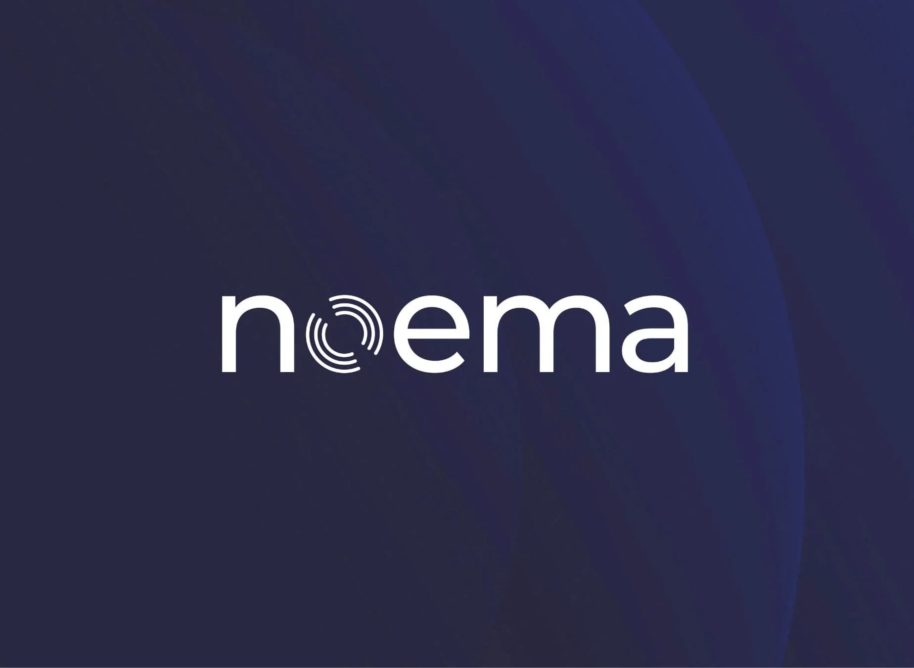 The image shows a dark blue background with the logo for "noema" in white lowercase letters in the center. The letter "o" is stylized with concentric circles and curved lines resembling sound waves or a ripple effect.