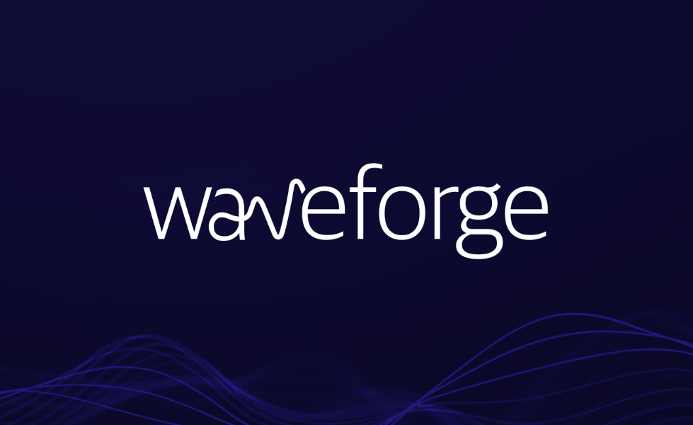 Waveforge logo on a dark background with purple wave lines at the bottom.