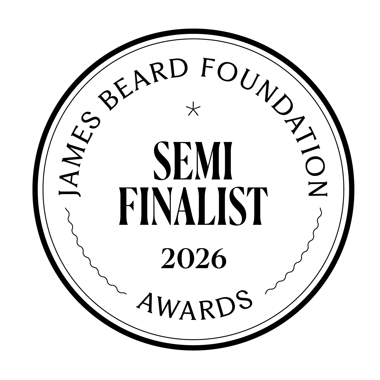 Black circular badge with white inner circle, featuring the text 'Jamieames Beard Foundation Awards 2026 Semi Finalist'.
