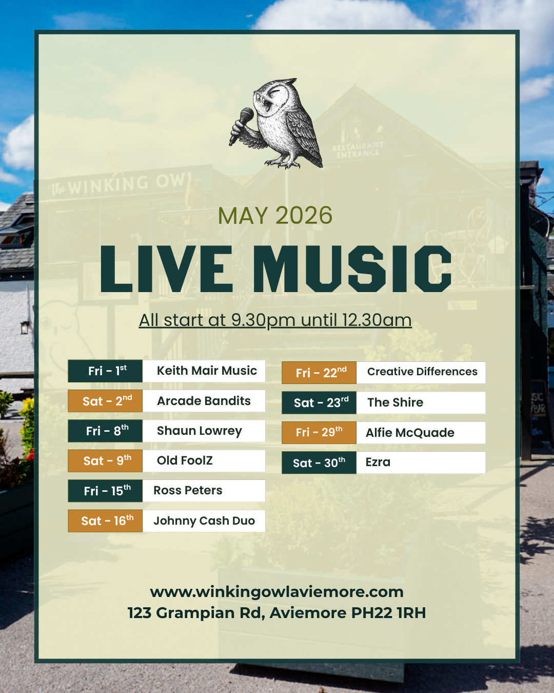 Live music graphic with the list of dates and singers.