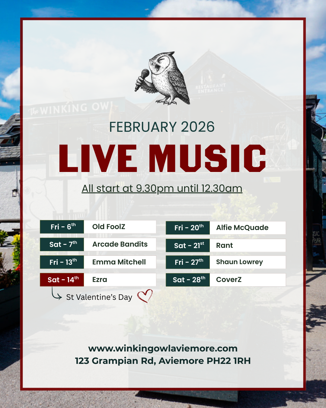 Live music graphic with the list of dates and singers.