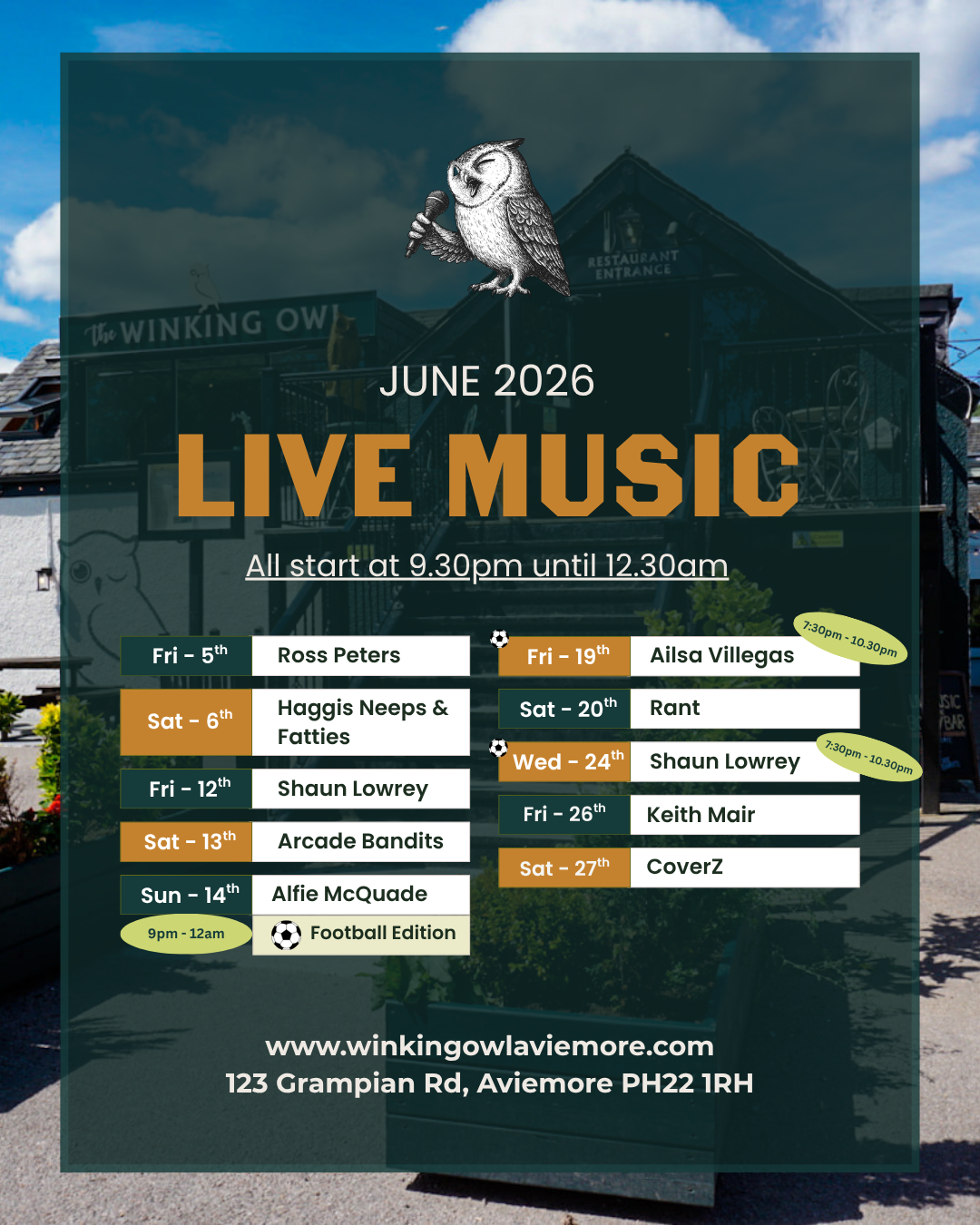 Live music graphic with the list of dates and singers.