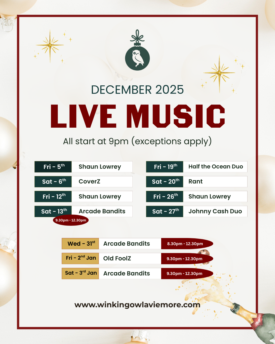 Live music graphic with the list of dates and singers.