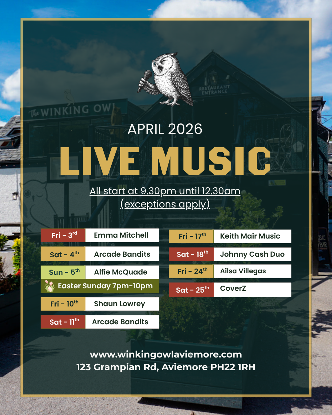Live music graphic with the list of dates and singers.