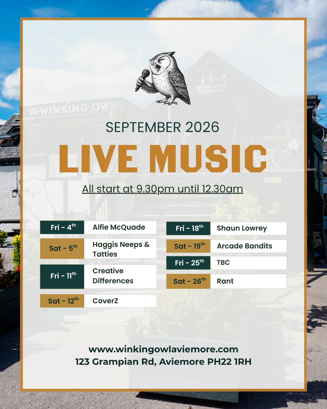 Live music graphic with the list of dates and singers.